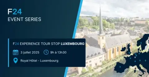 Promotional banner for the "F24 Event Series" in Luxembourg, featuring a city view, event details (July 3, 2025, 9 a.m.–1:30 p.m., Royal Hôtel), and a map of Europe highlighting Luxembourg—part of the Experience Tour F24 Stop Paris.
