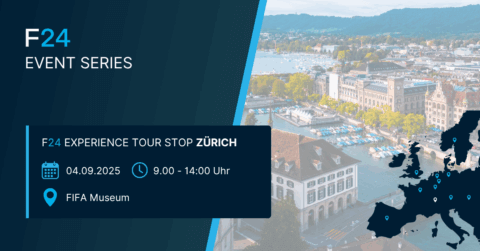 Event promotional graphic for "F24 Experience Morning Zürich – Event für Resilienz & Krisenmanagement" at the FIFA Museum, with date (04.09.2025), time (09:00–14:00), and a cityscape plus highlighted map of Europe.