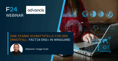 Digital banner for an F24 webinar with Advancis. Text spotlights "Eine starke Schnittstelle für den Ernstfall: FACT24 ENS+ in WinGuard." Features Holger Krah’s photo, a laptop, digital graphics, and network icons.