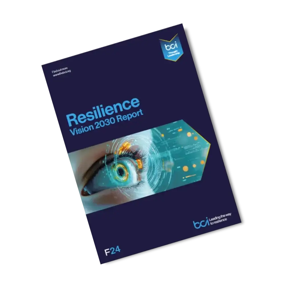 A dark blue cover of the BCI Resilience Vision 2030 Report features a close-up of an eye with futuristic digital graphics overlaying it. The BCI logo and "F24" appear on the cover.