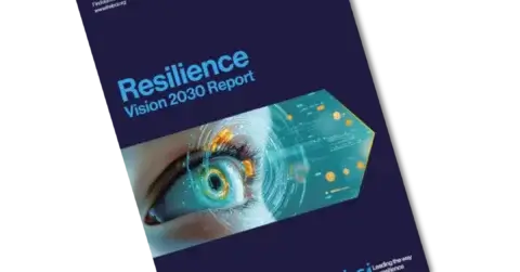 Et mørkeblått omslag til BCI Resilience Vision 2030-rapporten viser et nærbilde av et øye med digital grafikk, BCI-logoen og «F24» nederst.