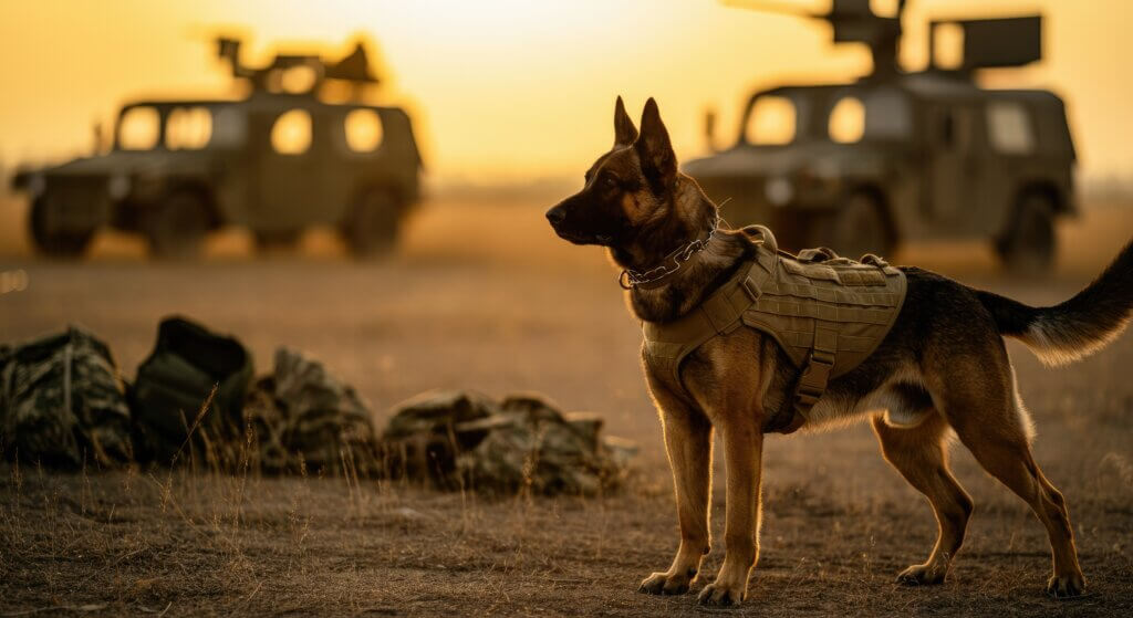 A military dog wearing a tactical vest stands alert on dry grass at sunset, with camouflage gear on the ground and two armored vehicles blurred in the background, embodying operational resilience for defense and civil protection.