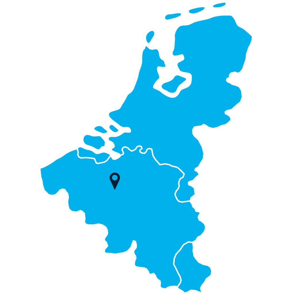A simplified map of the Netherlands and Belgium, with a location pin marking a spot in central Belgium. The map is shown in blue tones on a dark blue background.