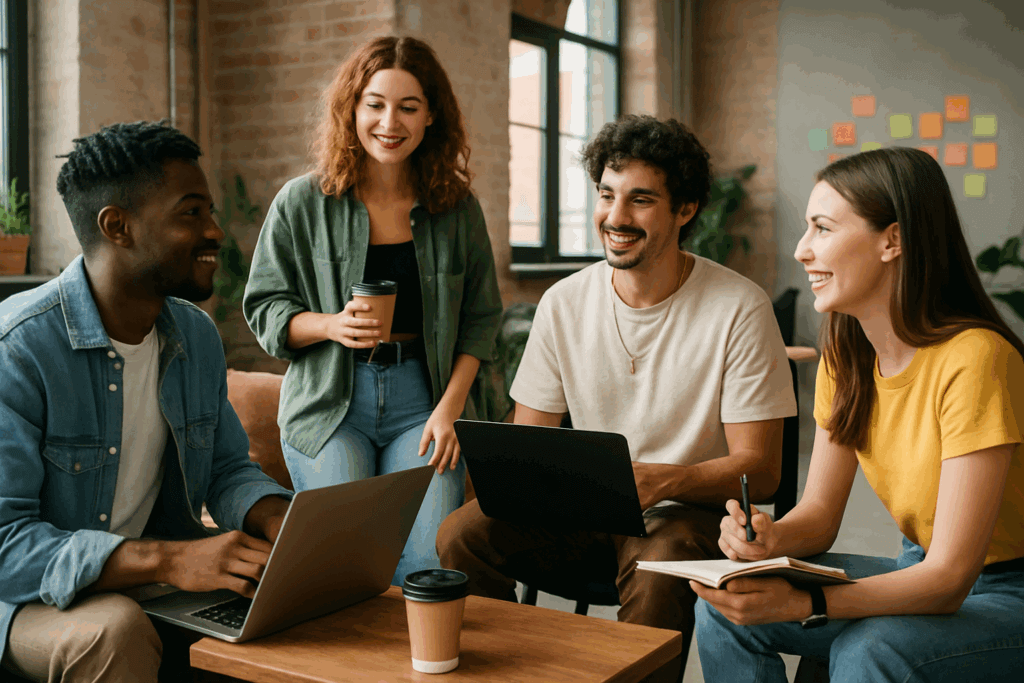 Four young adults sit and stand around a wooden table with laptops, coffee cups, and a notebook, smiling and talking in a modern, casual office space with large windows and exposed brick walls.