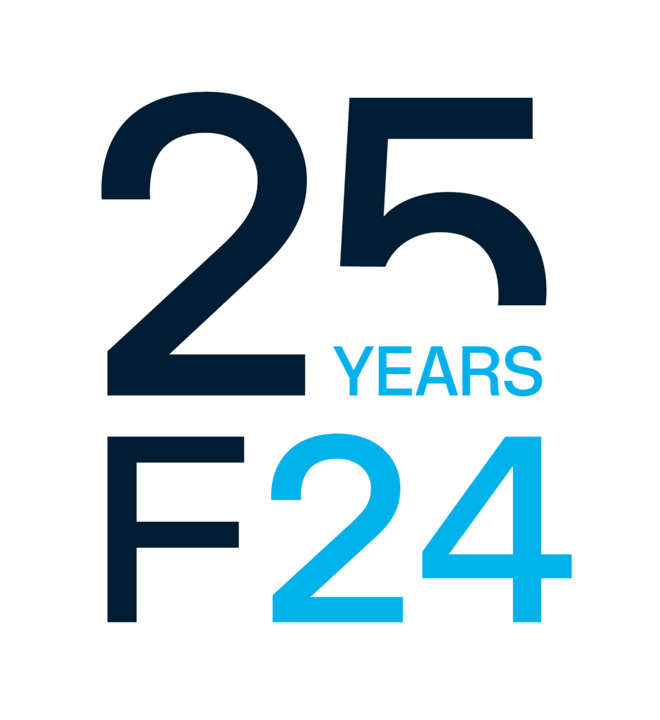 Bold dark blue "25" sits above the large "F" and bright blue "24." Between them, "YEARS" appears in smaller bright blue text on a black background—highlighting 25 YEARS F24 in Operational Resilience for Defense and Civil Protection.