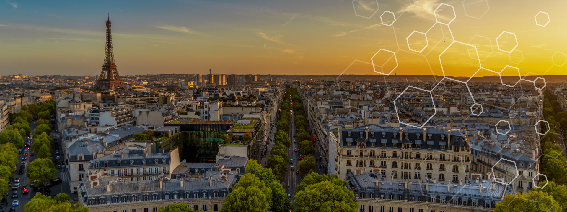 Vista panorámica de París al atardecer con la Torre Eiffel al fondo, calles arboladas y edificios en primer plano. En la parte derecha de la imagen se superponen hexágonos geométricos transparentes.