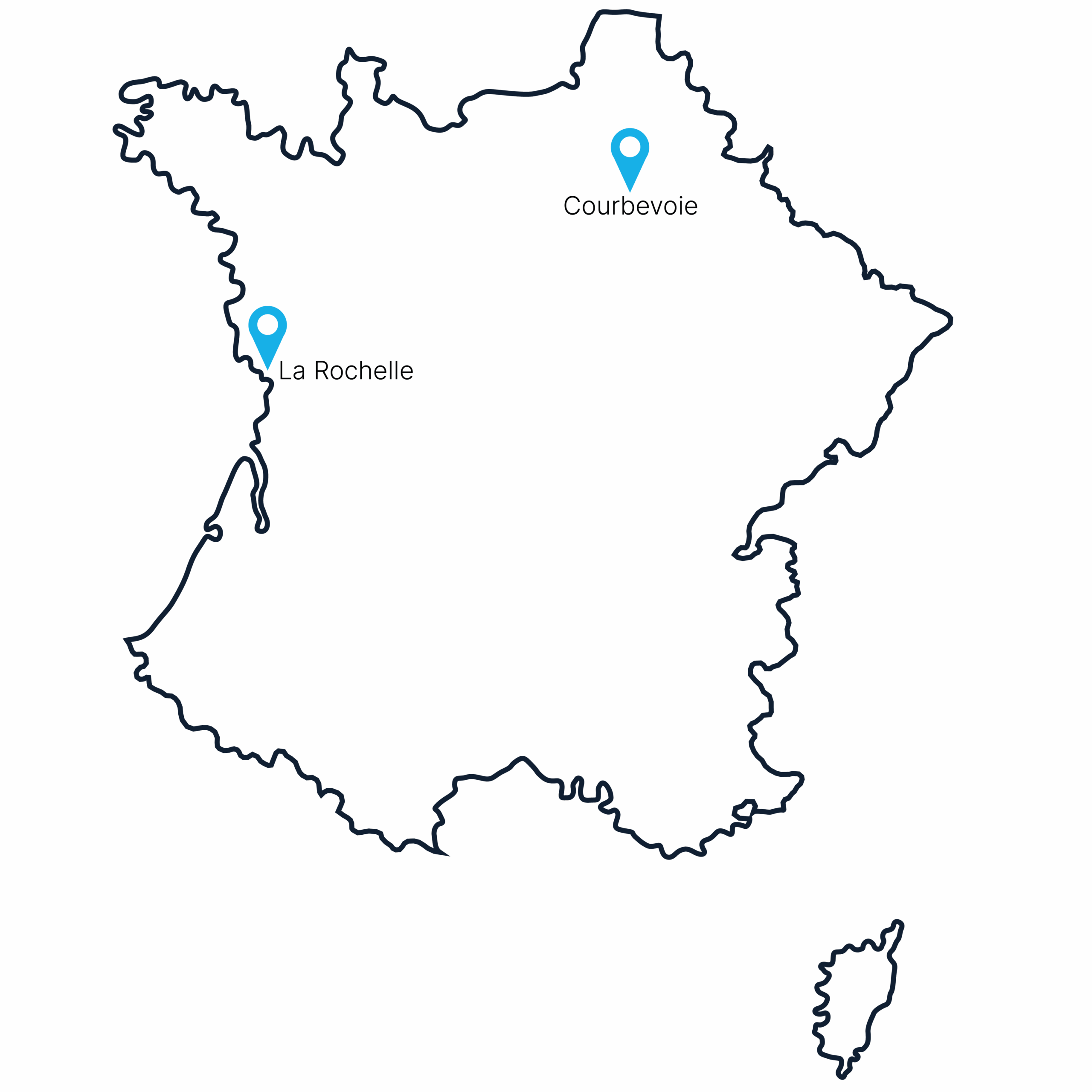 Outline map of France with two labeled blue location pins: one at La Rochelle on the west coast and another at Courbevoie near the north-central region. The island of Corsica is shown at the bottom right of France.