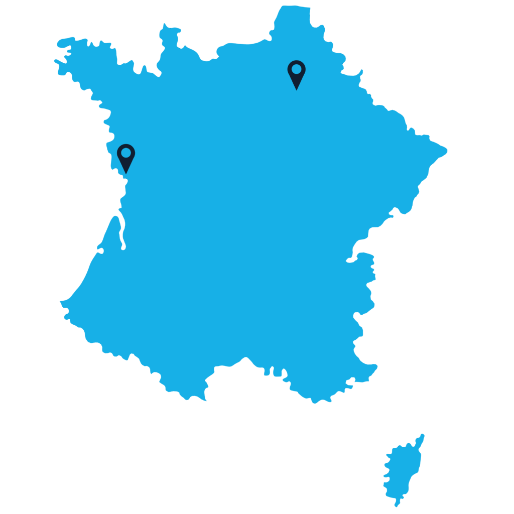 A blue map of France on a dark blue background, with two location markers: one in the north near Paris and another in the west near the Atlantic coast. Corsica is visible to the southeast.