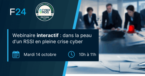 A promotional banner for the webinaire interactif : dans la peau d’un RSSI en pleine crise cyber, with the date Tuesday, October 14, 10–11am. Blurred people are visible in a meeting room setting.