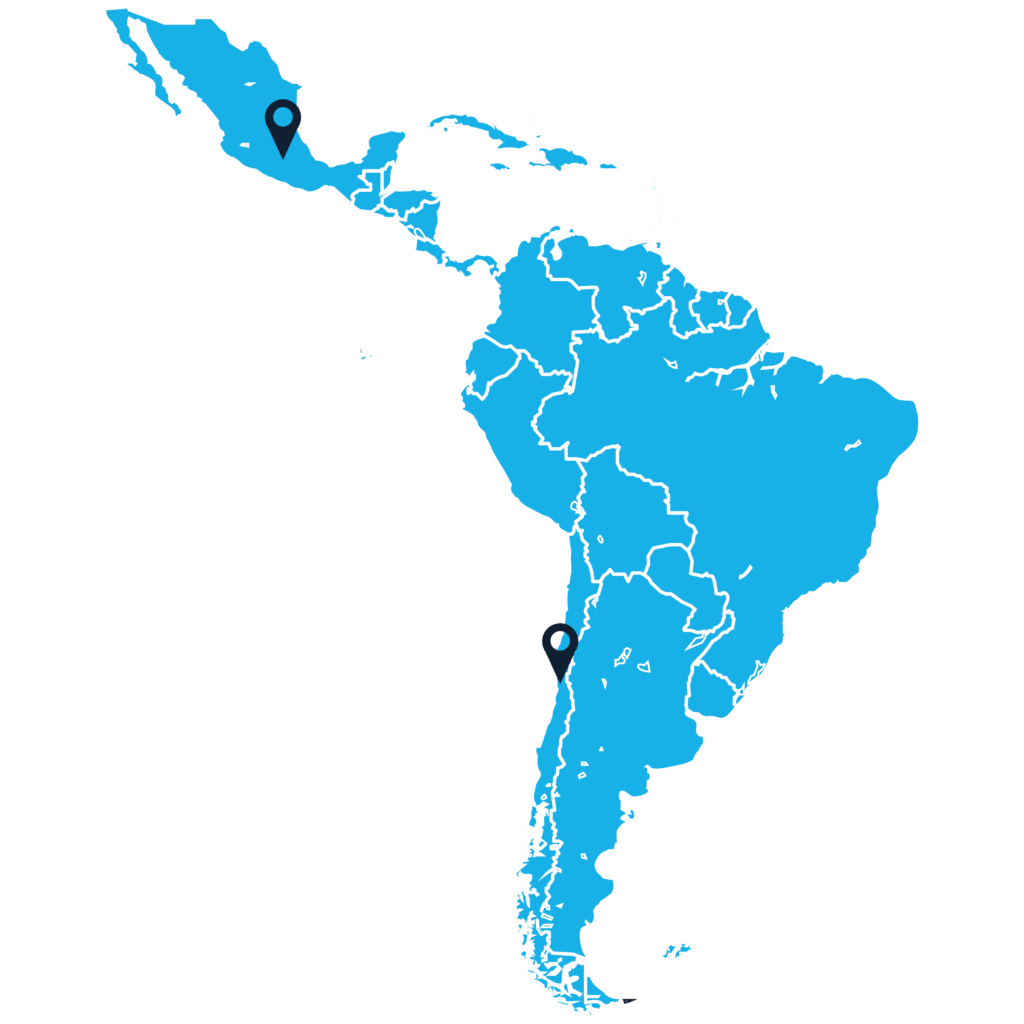 A map of Latin America in blue with two location markers: one in central Mexico and another in central Chile. The rest of the map shows country borders but no additional markers or labels.