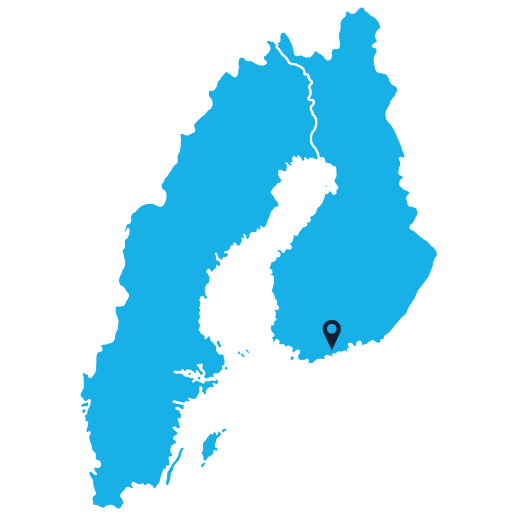 A blue map highlighting Finland and part of Sweden, with a location marker placed in southern Finland. The background is a lighter blue shade.