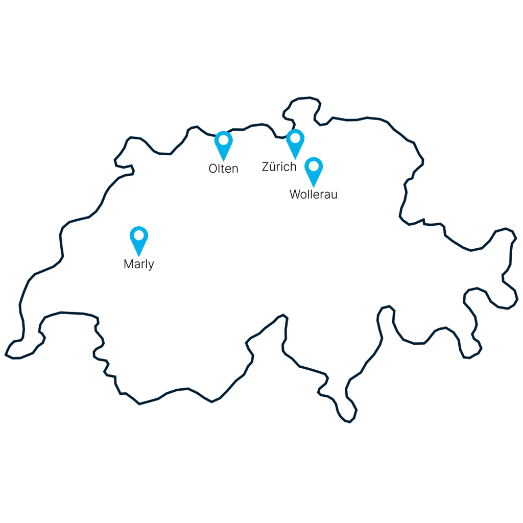 Outline map of Switzerland with four blue location pins marking key regions in connection to F24 Schweiz AG. No additional labels or details are visible.