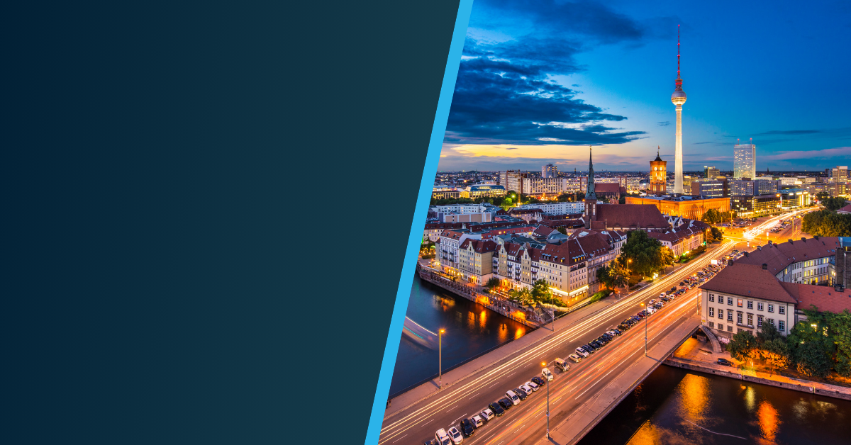 A vibrant evening cityscape of Berlin with the TV Tower, illuminated buildings, and busy streets, divided diagonally by a blue graphic overlay on the left side.