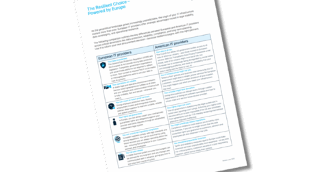 A document compares European and American IT providers in a table format. The page includes headings, brief text paragraphs, bullet points, and the F24 logo in the top right corner.