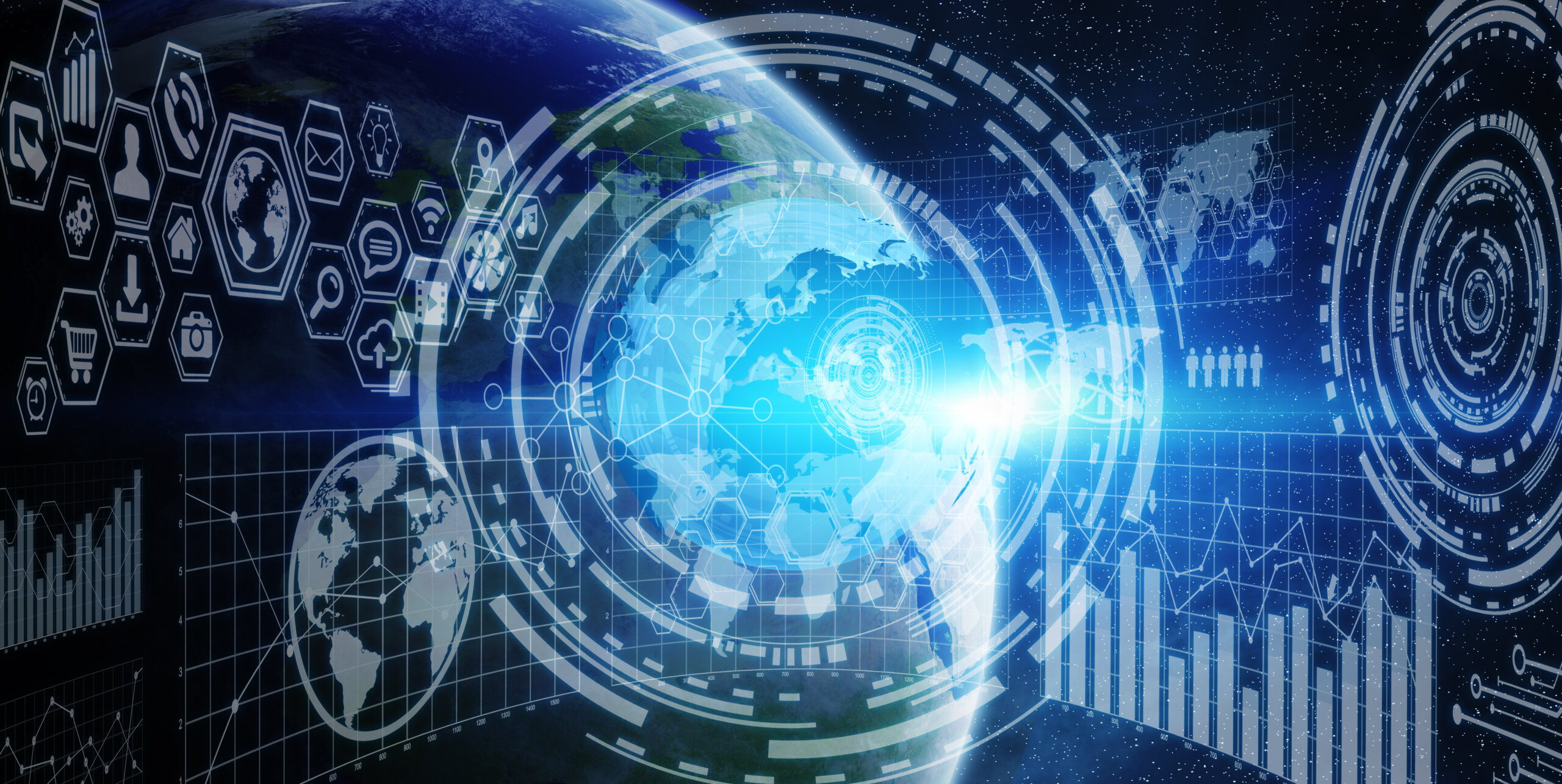 A digital rendering of Earth from space with futuristic data visualizations, charts, graphs, and interface elements overlaying the planet, suggesting global technology and information networks for Aufzeichnung Webinar Internationales Risikomonitoring.