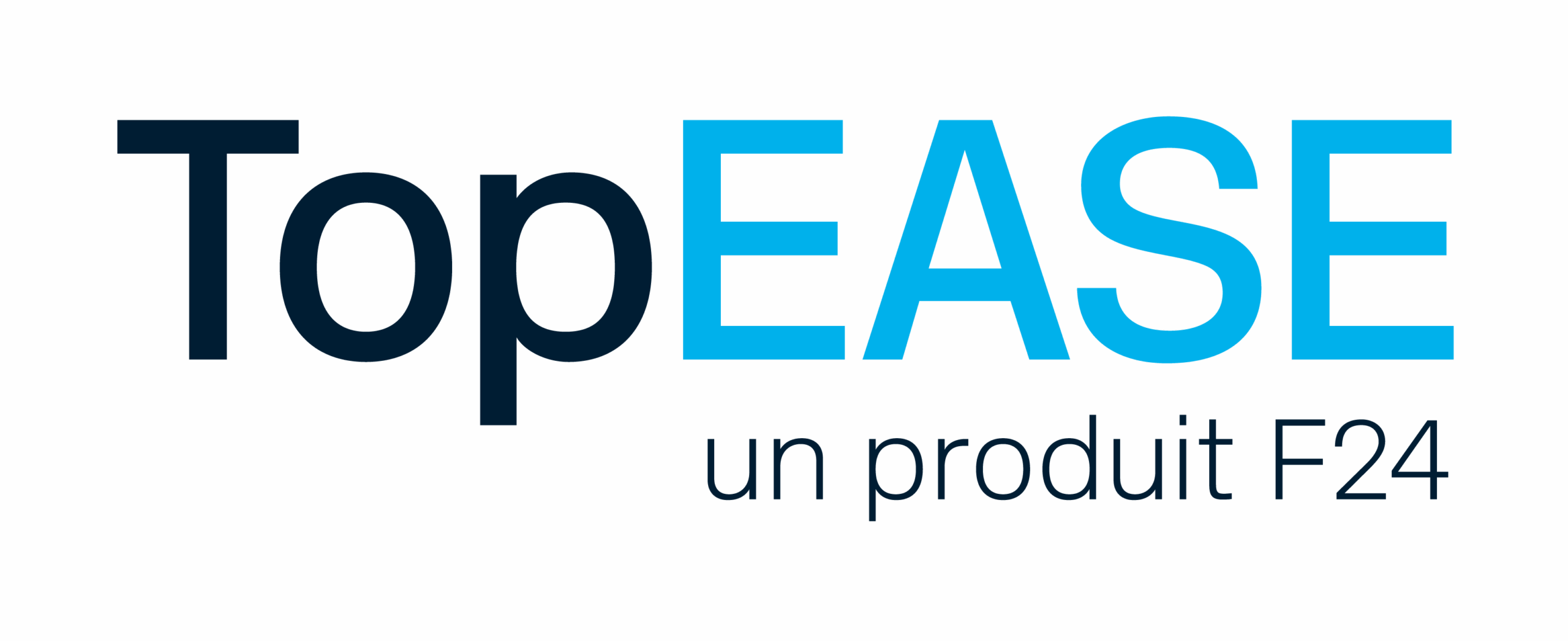 Logo with the text "TopEASE" in bold, with "Top" in dark blue and "EASE" in light blue, and the phrase "un produit F24" in smaller dark blue letters underneath, offering a clear F24 Product overview at a glance.