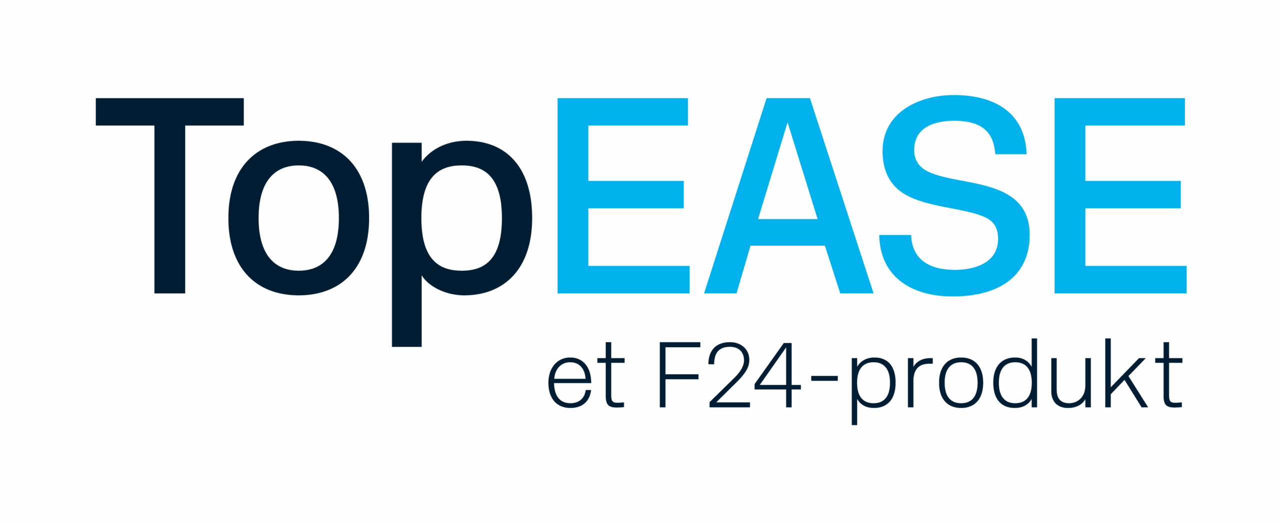 Logo with the text “TopEASE” in large letters, “Top” in black and “EASE” in blue, with the phrase “et F24-produkt: Varsling og krisehåndtering” below in smaller, black font, on a solid blue background.