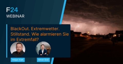 A webinar banner for "F24" features a stormy night sky with lightning over houses. The text discusses blackout, extreme weather, and emergency alerts, with speaker photos and details about the Aufzeichnung Webinar Internationales Risikomonitoring.