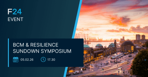 A promotional graphic for the BCM Sundown Symposium Hamburg, titled "BCM & Resilience Sundown Symposium," scheduled for 05.02.26 at 17:30, with a vibrant sunset cityscape featuring a harbor and historic buildings.
