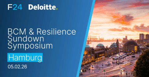 Promotional graphic for the "BCM Sundown Symposium Hamburg" on 05.02.26, hosted by F24 and Deloitte, featuring a cityscape of Hamburg at sunset with historic buildings and the harbor.