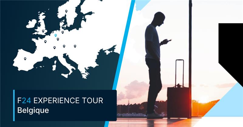A map of Europe with location markers is on the left, and a silhouette of a man with luggage using his phone at an airport is on the right. Text reads: "F24 EXPERIENCE TOUR Belgique.