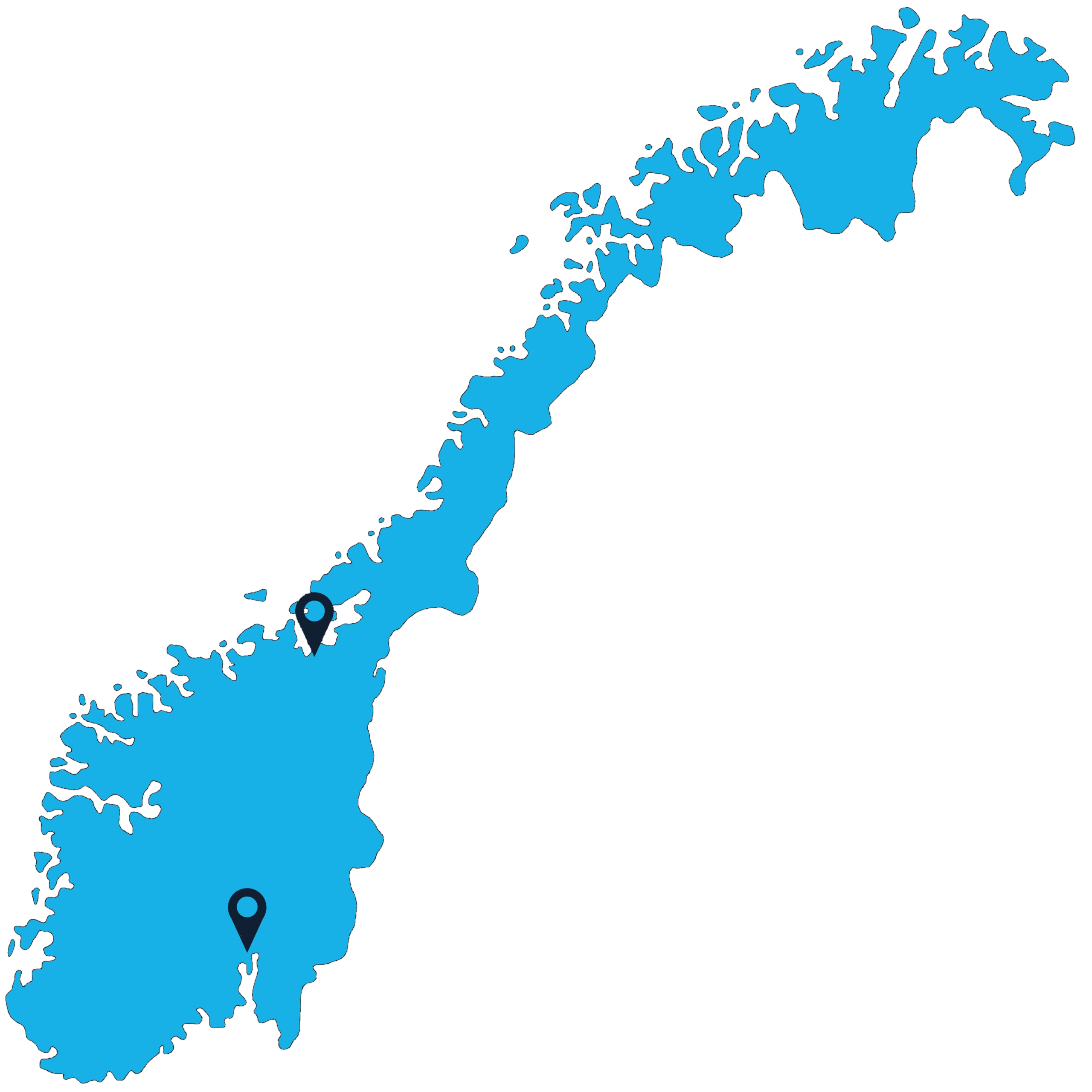 Carte bleue de la Norvège (Norvège) avec deux punaises : une dans la région sud et une dans la partie centrale du pays. Le fond de carte est blanc.