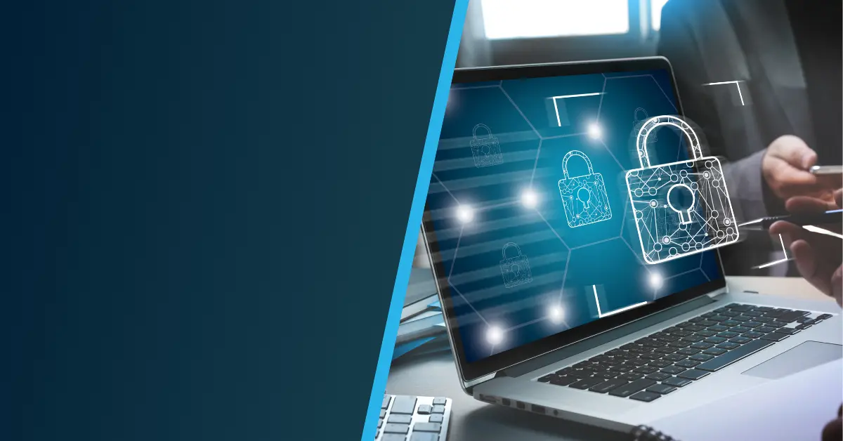 A person uses a smartphone near a laptop displaying digital padlock icons, symbolizing cybersecurity and data protection. The scene highlights the importance of eine starke Schnittstelle für den Ernstfall: FACT24 ENS+ in Winguard. The left side has a dark blue gradient background.