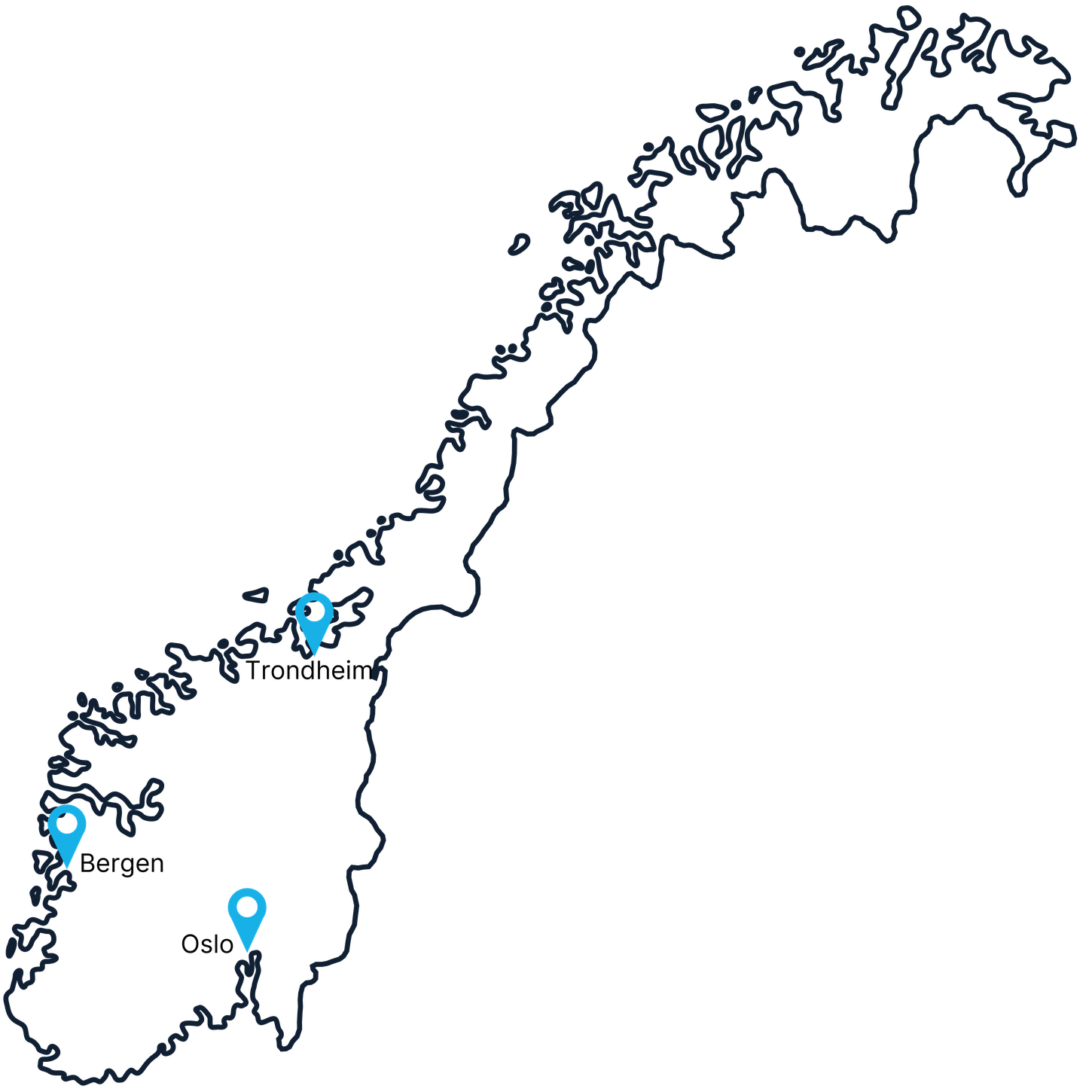 Carte muette de la Norvège avec trois marqueurs de localisation bleus indiquant les villes d'Oslo au sud, de Bergen sur la côte sud-ouest et de Trondheim dans la partie centrale du pays.