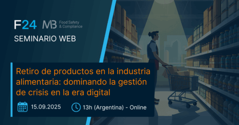 Anuncio de webinar sobre retirada productos y gestión de crisis en la industria alimentaria. Imagen de persona con carrito en supermercado. Fecha: 15.09.2025, 13h (Argentina), online.