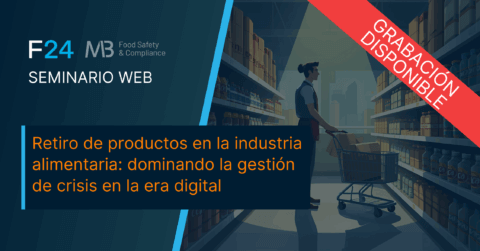 A person pushes a shopping cart down a supermarket aisle. Text in Spanish reads: "Retirada productos en la industria alimentaria: dominando la gestión de crisis en la era digital". Banner states "Grabación disponible".