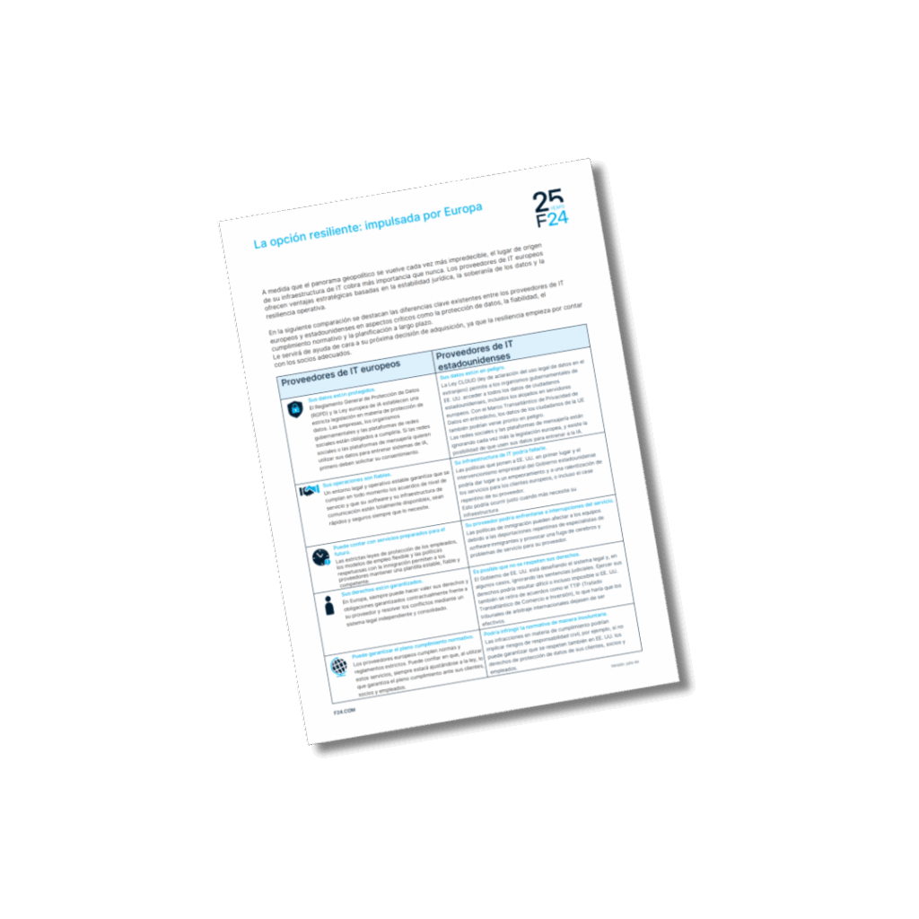 Documento inclinado sobre fondo blanco, con texto en español, iconos y dos columnas que comparan "Proveedores GI TI europeos" y "Proveedores GI TI". En la esquina superior derecha aparece un logotipo azul "25 F24".
