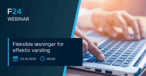 A person types on a laptop keyboard. Overlay text reads: "Webinar: Løsninger for avansert varsling. Fleksible løsninger for effektiv varsling. 23.10.2025, 09.00." Calendar and clock icons are also shown.