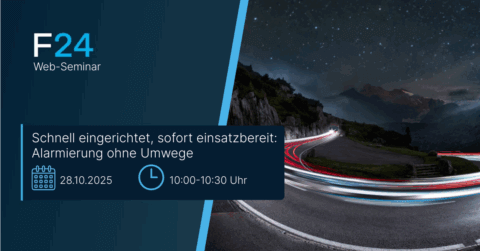 A promotional banner for an F24 web seminar shows a winding mountain road at dusk with car light trails. Text highlights “NIS-2 Update: Was Unternehmen jetzt wissen müssen! Pinsent Masons & F24 berichten”—direct alerting seminar, 28.10.2025, 10:00–10:30 Uhr.