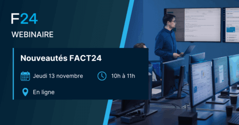A man stands presenting near large screens in a control room. Overlay text highlights the F24 webinar, "Nouveautés FACT24," showcasing new features on Thursday, November 13, from 10-11 a.m., held online.