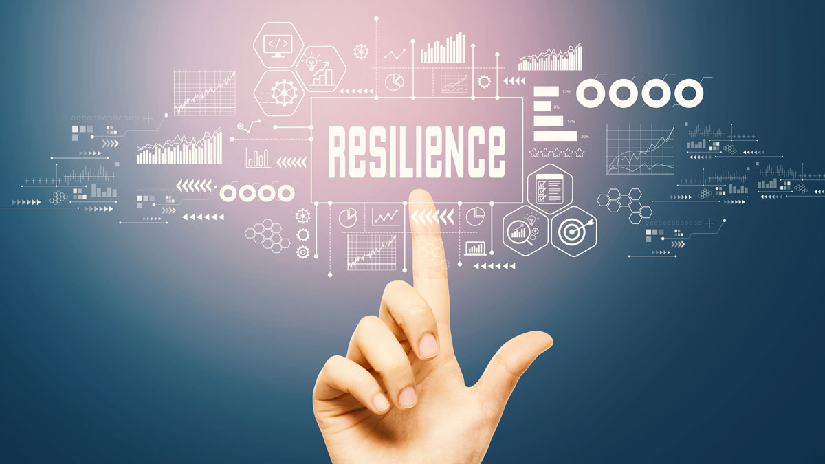 A hand points at the word "RESILIENCE" on a virtual screen, surrounded by digital data graphics and charts, symbolizing strength, datasikkerhet, data analysis, and progress.