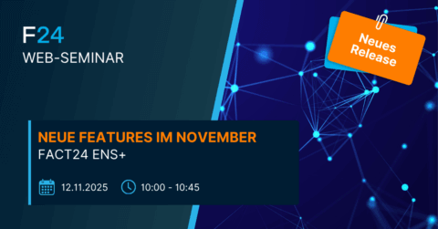 Webinar promotion image for F24 announcing new Cloud-powered FACT24 ENS+ features in November. The event is on 12.11.2025 from 10:00 to 10:45. Orange "Neues Release" tag and a blue abstract network graphic in the background.