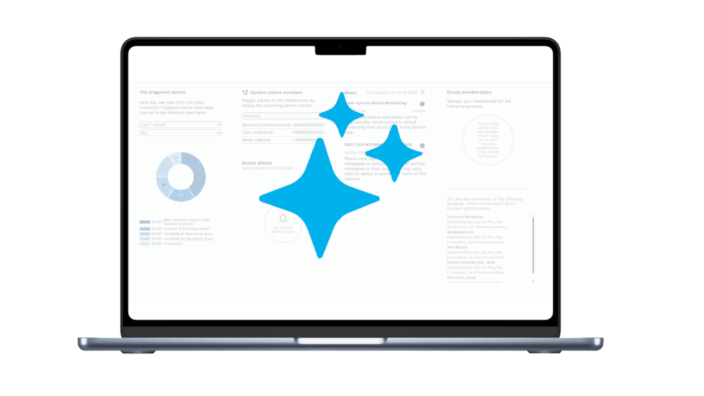 A laptop screen displaying a blurred dashboard interface with a large blue sparkle icon overlaying the center, symbolizing Resilienz mit Hilfe von künstlicher Intelligenz (KI).