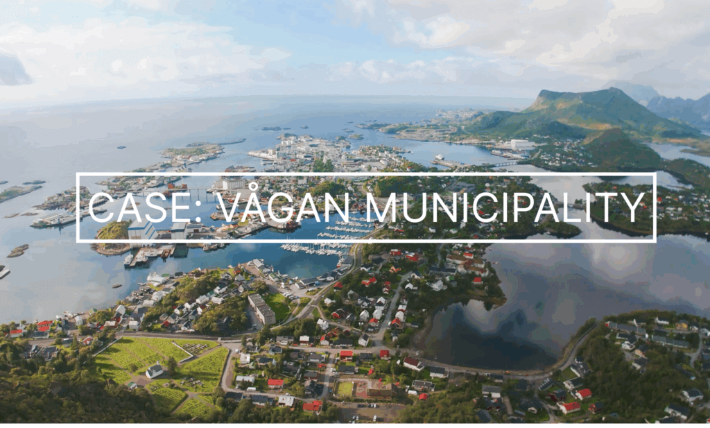 Aerial view of a coastal town with islands, mountains, and water, featuring the text "CASE: VÅGAN MUNICIPALITY" across the center and highlighting sikkerhet ved arrangementer.