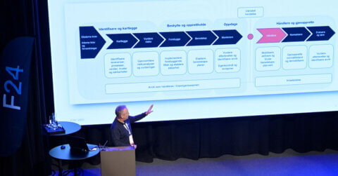 A man stands on a stage pointing at a large projected flowchart in Norwegian, illustrating verdikjeden i CIM. A podium and an F24 banner are visible to the left. This scene is from the Opptak CIM-konferansen.