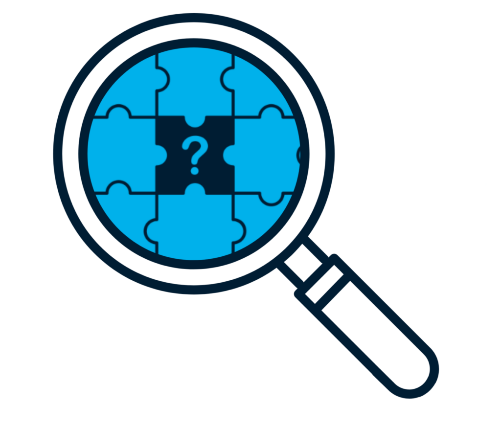 Une loupe se concentre sur des pièces de puzzle bleues avec un point d'interrogation au centre, symbolisant la recherche d'informations manquantes ou la résolution d'un mystère.