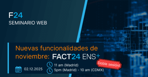 Webinar announcement for "F24 SEMINARIO WEB" on new November funcionalidades in FACT24 ENS+, with double sessions on December 2, 2025 at 11 am and 5 pm (Madrid) and 10 am (CDMX). Blue digital background.