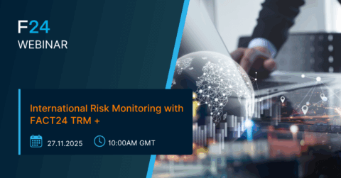 A promotional graphic for an F24 webinar, "International Risk Monitoring with FACT24 TRM +," scheduled for 27.11.2025 at 10:00AM GMT, highlighting Health and Safety as a person types on a laptop with a digital globe overlay.