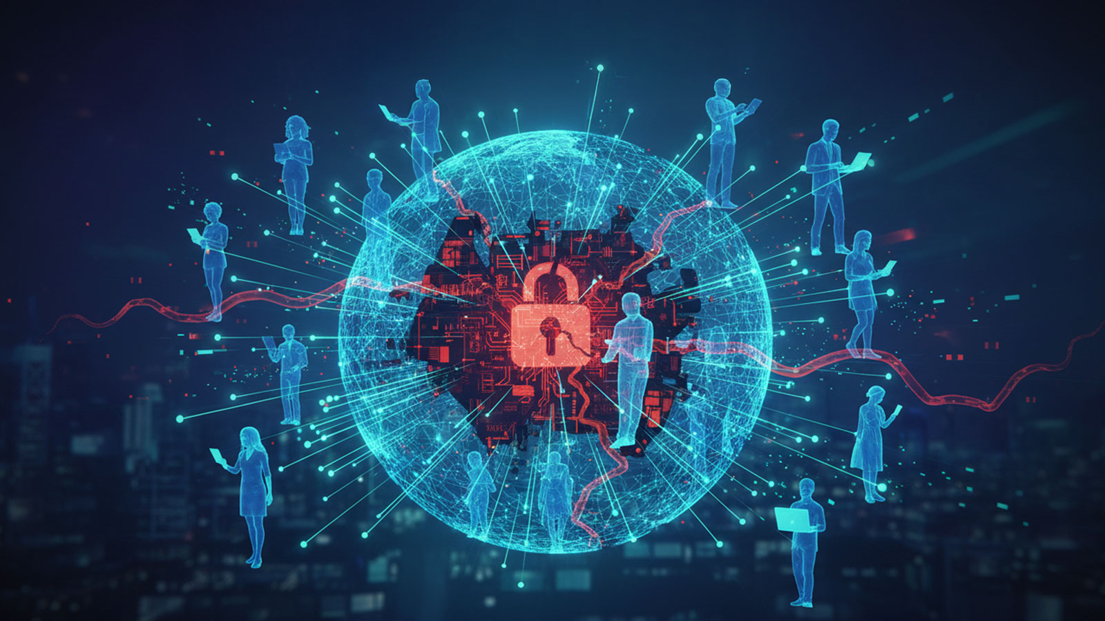 A glowing digital globe with a padlock icon in the center, surrounded by silhouettes of people connected by lines, symbolizing cybersecurity and global digital connectivity.