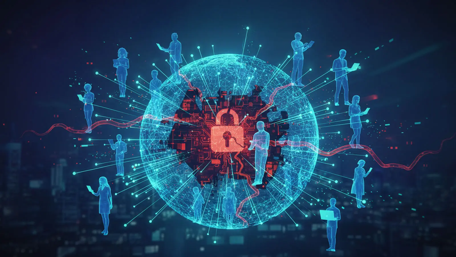 A glowing digital globe with a padlock icon in the center, surrounded by silhouettes of people connected by lines, symbolizing cybersecurity and global digital connectivity.