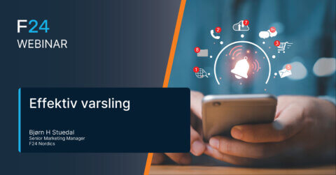 A webinar banner for "F24 Webinar: Effektiv varsling" with a person holding a smartphone and notification icons around a bell. Text includes Bjorn H Stuedal, Senior Marketing Manager, F24 Nordics.
