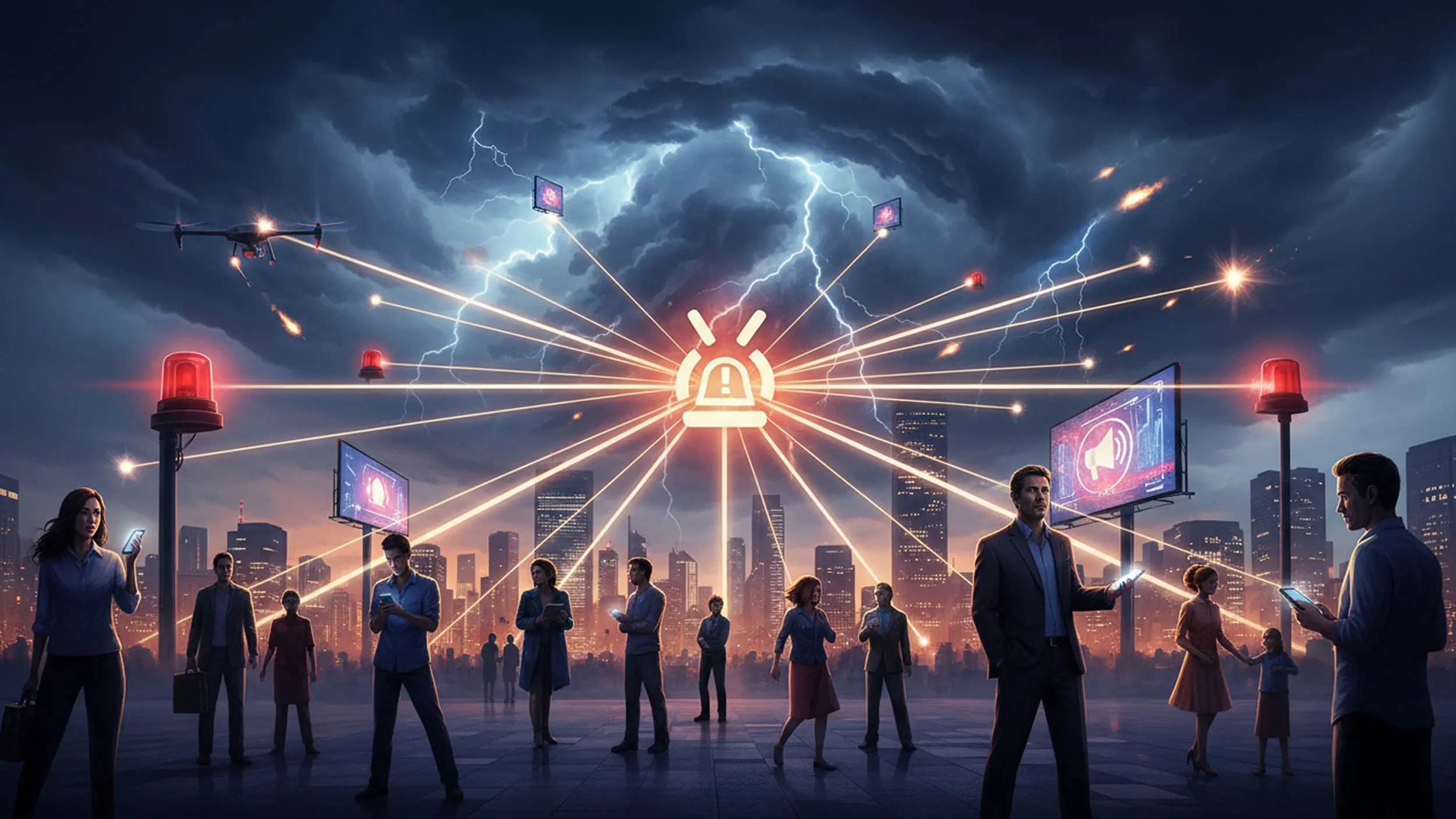 People in a city interact with glowing digital devices as red emergency icons connect them to a central alarm symbol in the sky, with lightning and storm clouds in the background, indicating a coordinated alert system.