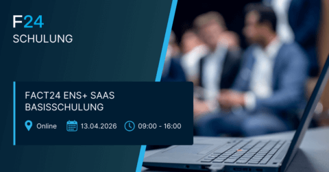 A laptop in the foreground with a blurred group of people in business attire in the background. An overlay displays FACT24 ENS+ SaaS Basisschulung, online training details for FACT24 ENS+ SAAS on April 13, 2026, from 09:00 to 16:00.