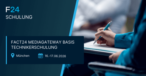 A person writes notes on a clipboard during a training session. The image text announces a FACT24 Mediagateway Technikerschulung in Munich on June 16–17, 2026, organized by F24.