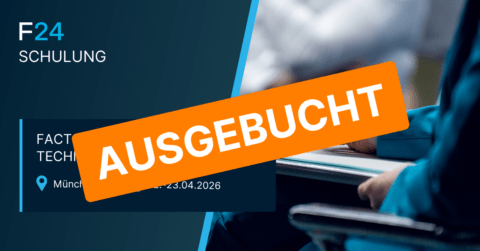 A German-language event banner with "F24 SCHULUNG" and event details, featuring an orange "AUSGEBUCHT" (fully booked) stamp. FACT24 Mediagateway Technikerschulung is suggested, as a person holding a clipboard appears partially on the right.
