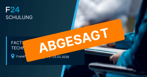 A graphic for a FACT24 Mediagateway Technikerschulung training event in Frankfurt scheduled for 24-25.02.2026, with the word "ABGESAGT" (cancelled) in large orange text across the image.